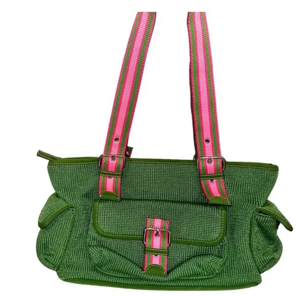 SAK Belinda Satchel Kelly Green Knit Retro Bag Pink Trim Canvas Straps Buckles - Picture 1 of 7